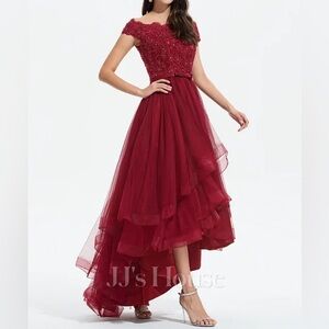 🏷️ New JJ's House red tulle beaded hi lo dress burgundy 4